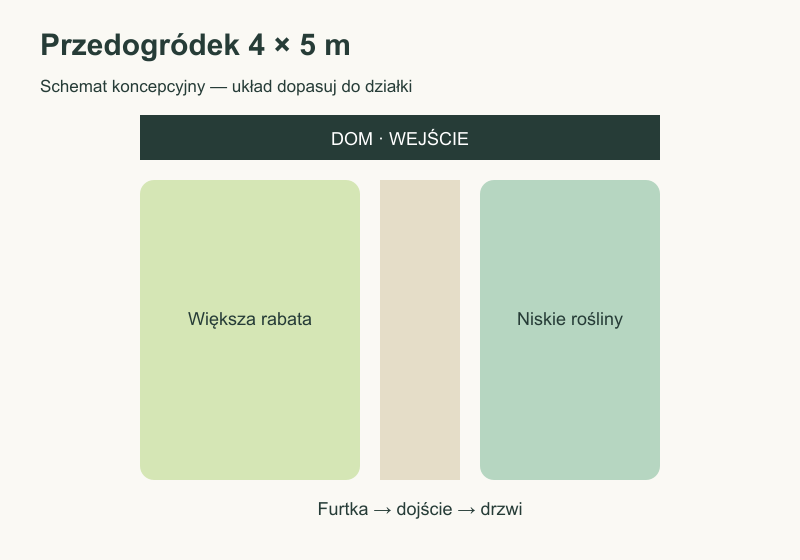 Schemat przedogródka 4 × 5 m z dojściem pośrodku i rabatami po bokach
