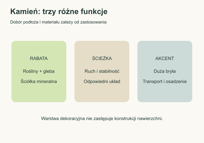 Trzy zastosowania kamienia w ogrodzie: ściółka na rabacie, ścieżka i dekoracyjna bryła