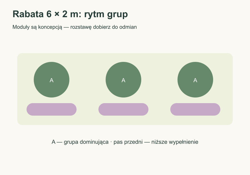 Schemat rabaty 6 × 2 m z trzema powtarzającymi się grupami roślin i niższym wypełnieniem